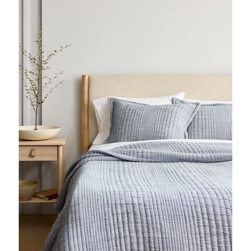 Quince Organic Cotton Channel Stitch Pillow Sham Set King Blue 20x36 Rectangular
